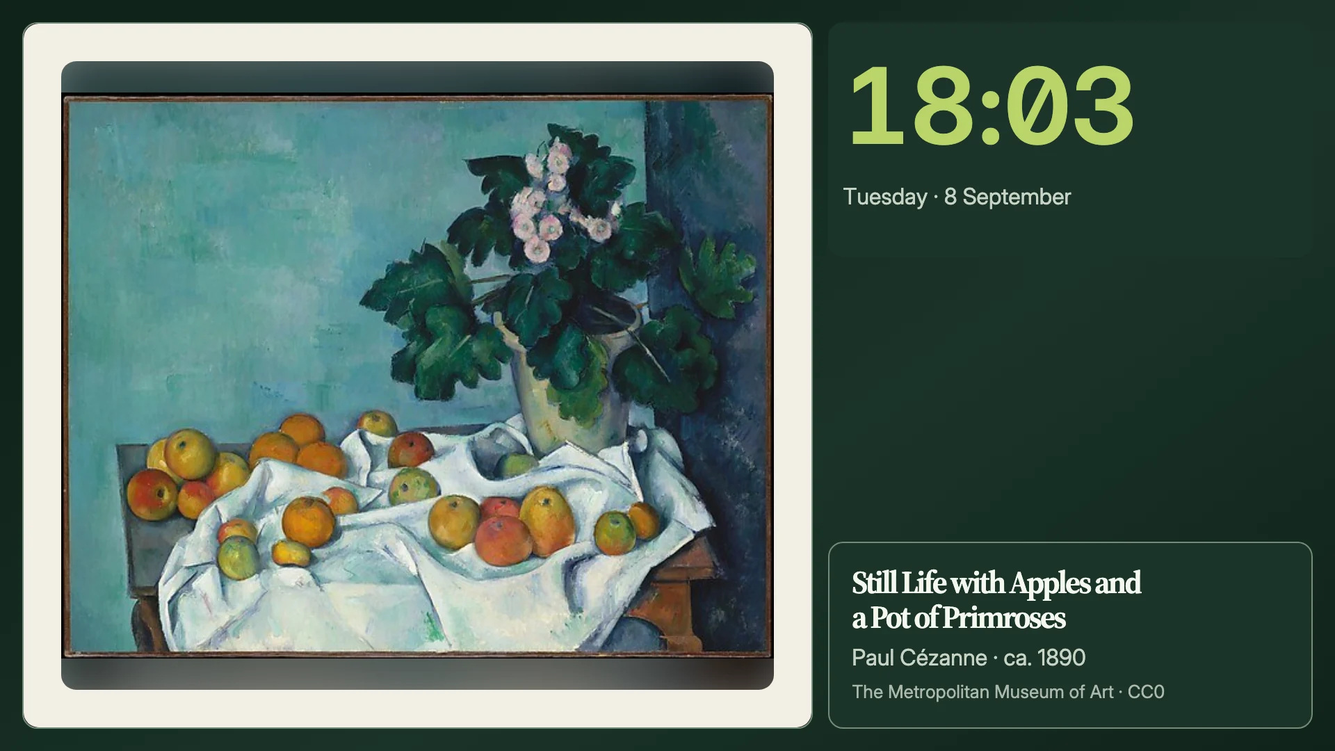 Botanical: Cézanne artwork with a discreet clock and museum attribution. Rendered by Denframe with sample data.
