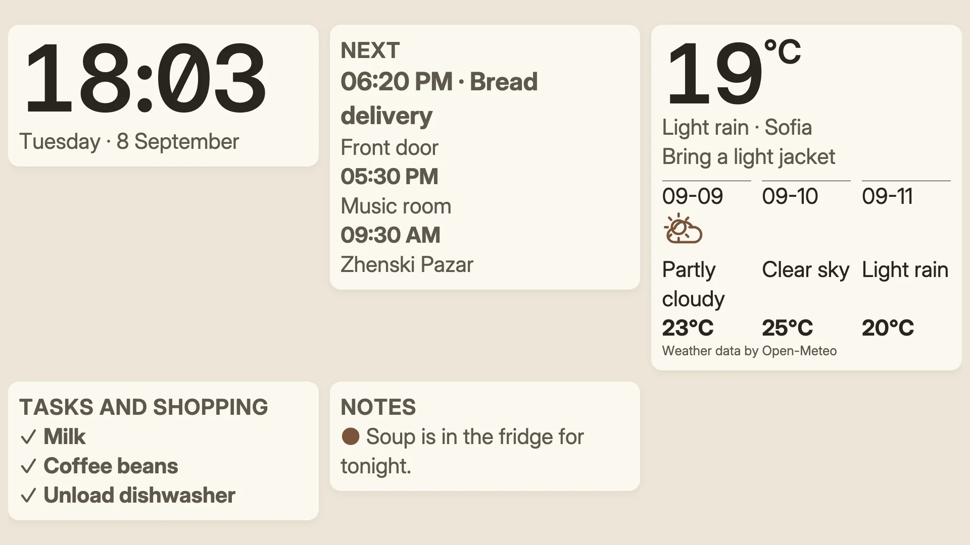 Linen: a household dashboard with an agenda, shopping list and weather forecast. Rendered by Denframe with sample data.