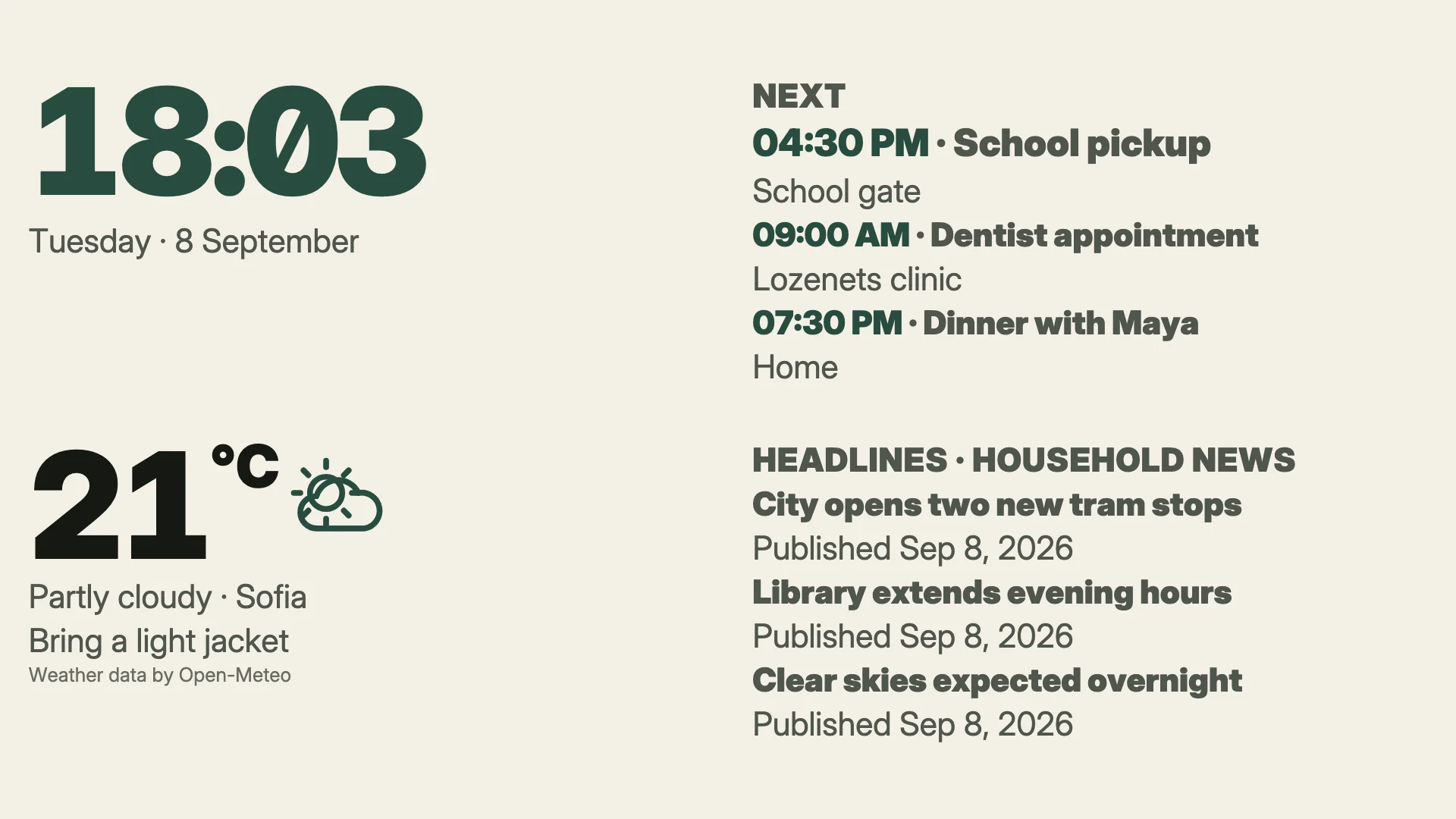Modern: an editorial dashboard with a clock, agenda, forecast and headlines. Rendered by Denframe with sample data.