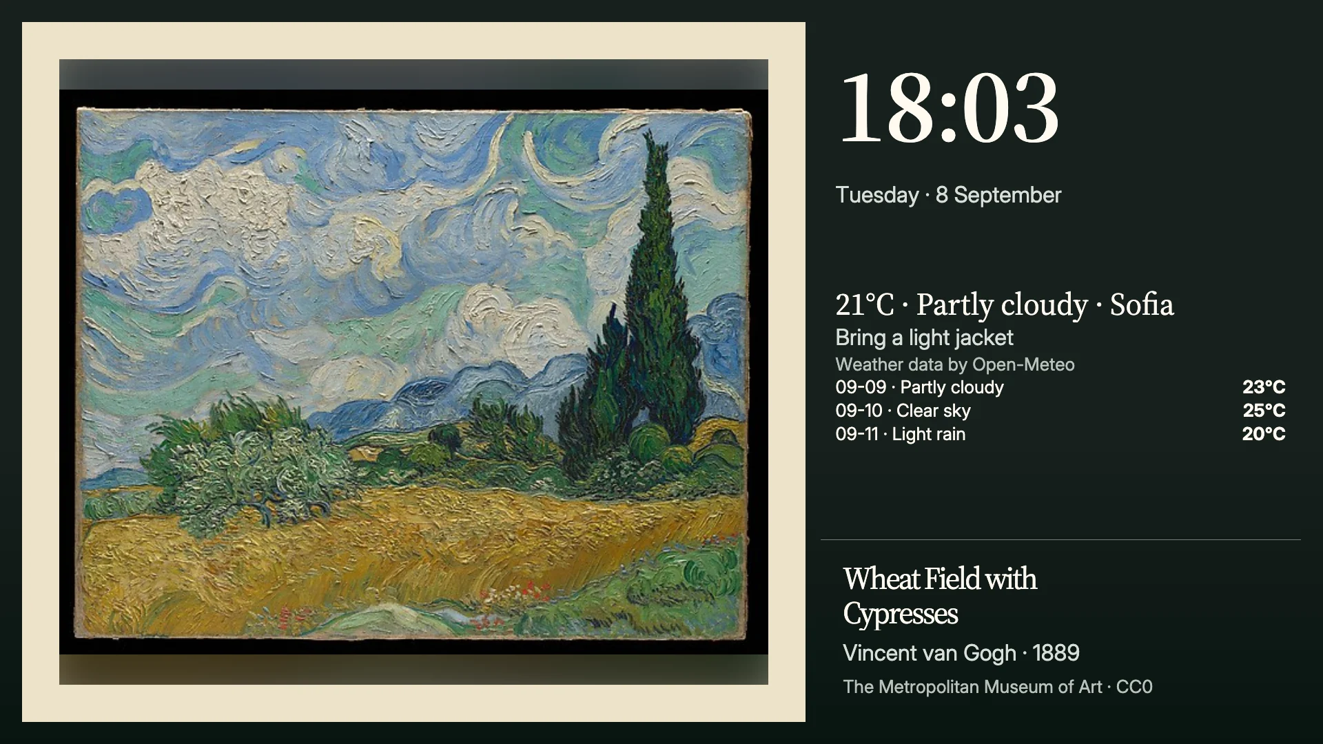 Painting: Van Gogh artwork with a clock, weather and museum attribution. Rendered by Denframe with sample data.