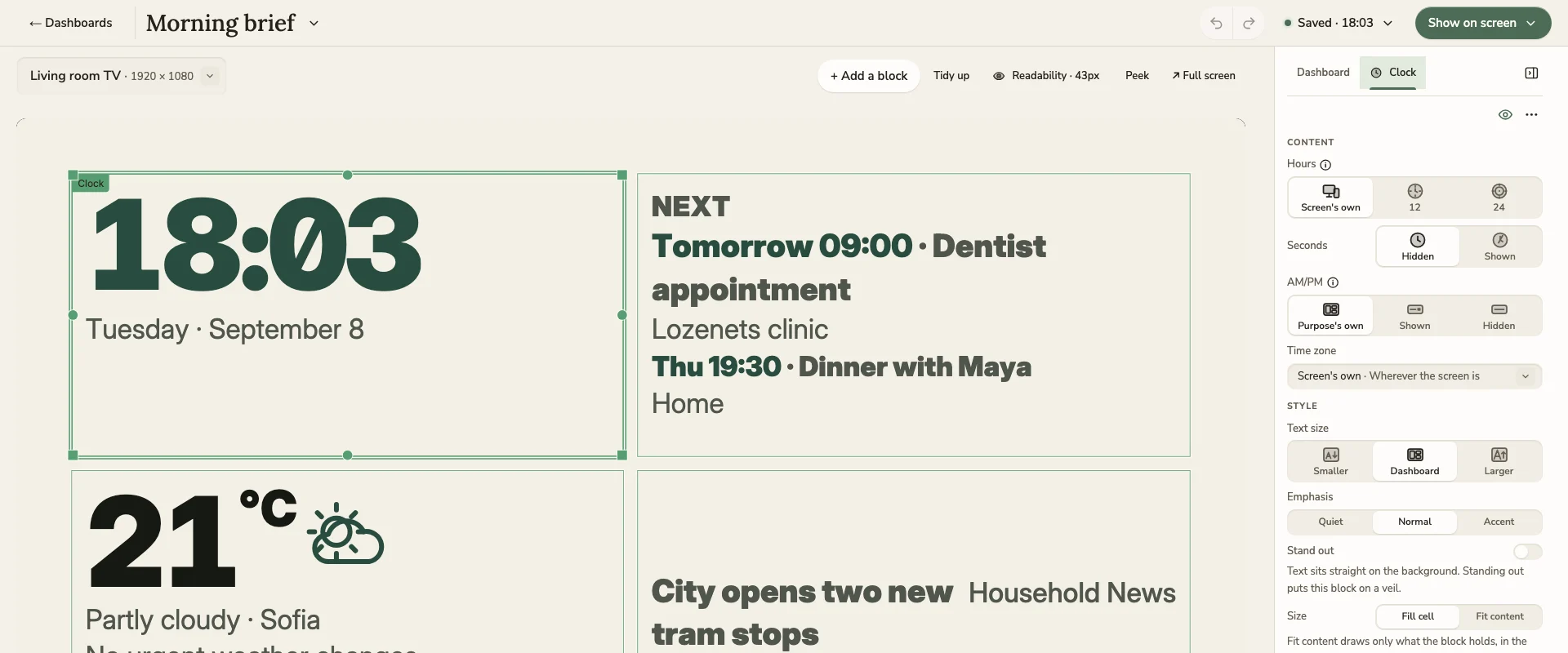 Denframe's dashboard editor: a Modern dashboard with a clock, the weather, headlines and the next events, drawn at the living-room TV's size, its clock selected and the docked panel showing the clock's own settings beside a Dashboard tab.