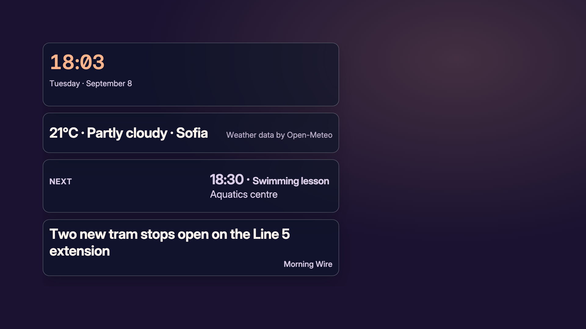 Dusk dashboard with synthetic sample data