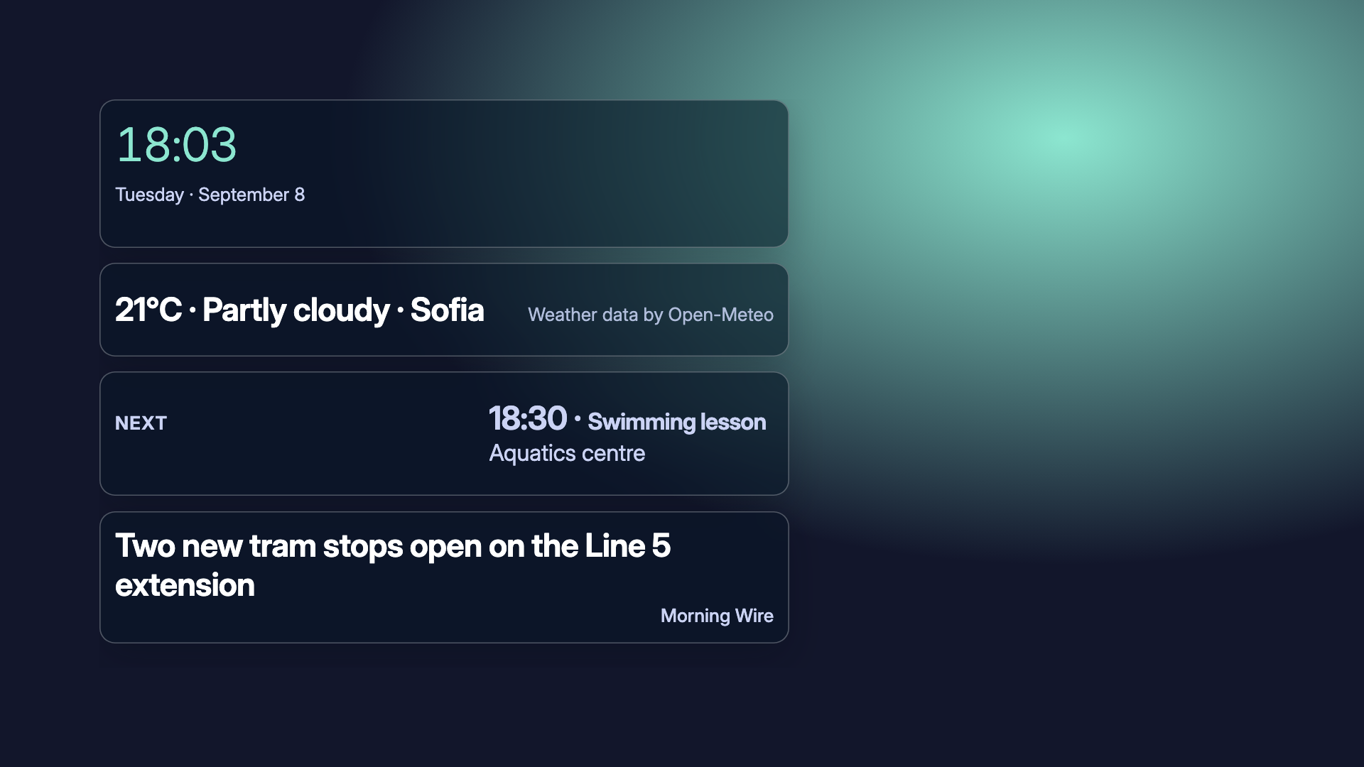 Glass dashboard with synthetic sample data