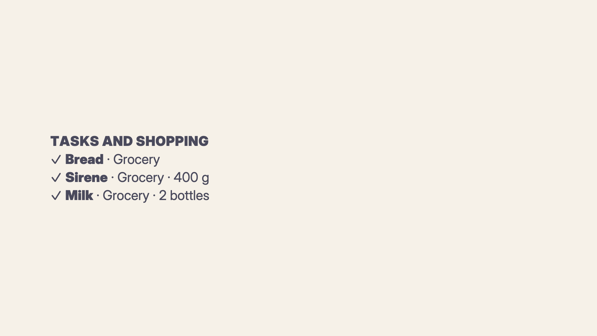 Shopping List dashboard with synthetic sample data