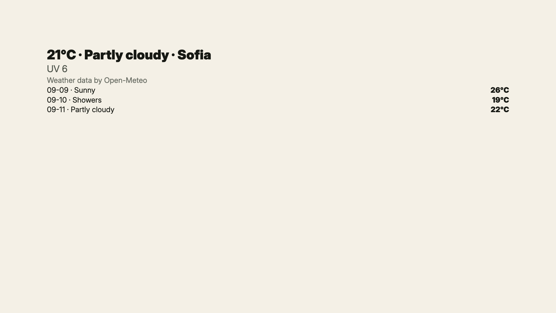 Weather Window dashboard with synthetic sample data